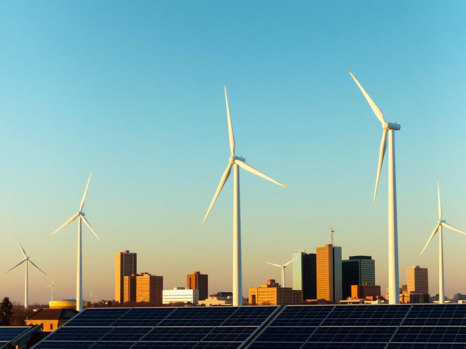 Wind turbines and solar panels beside a UK city skyline